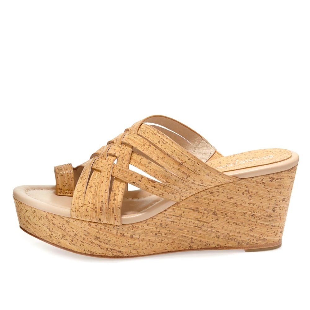 Donald J Pliner Flore Woven Strappy Platform Wedge Cork Slip On Sandals Tan 8.5 - Picture 2 of 16